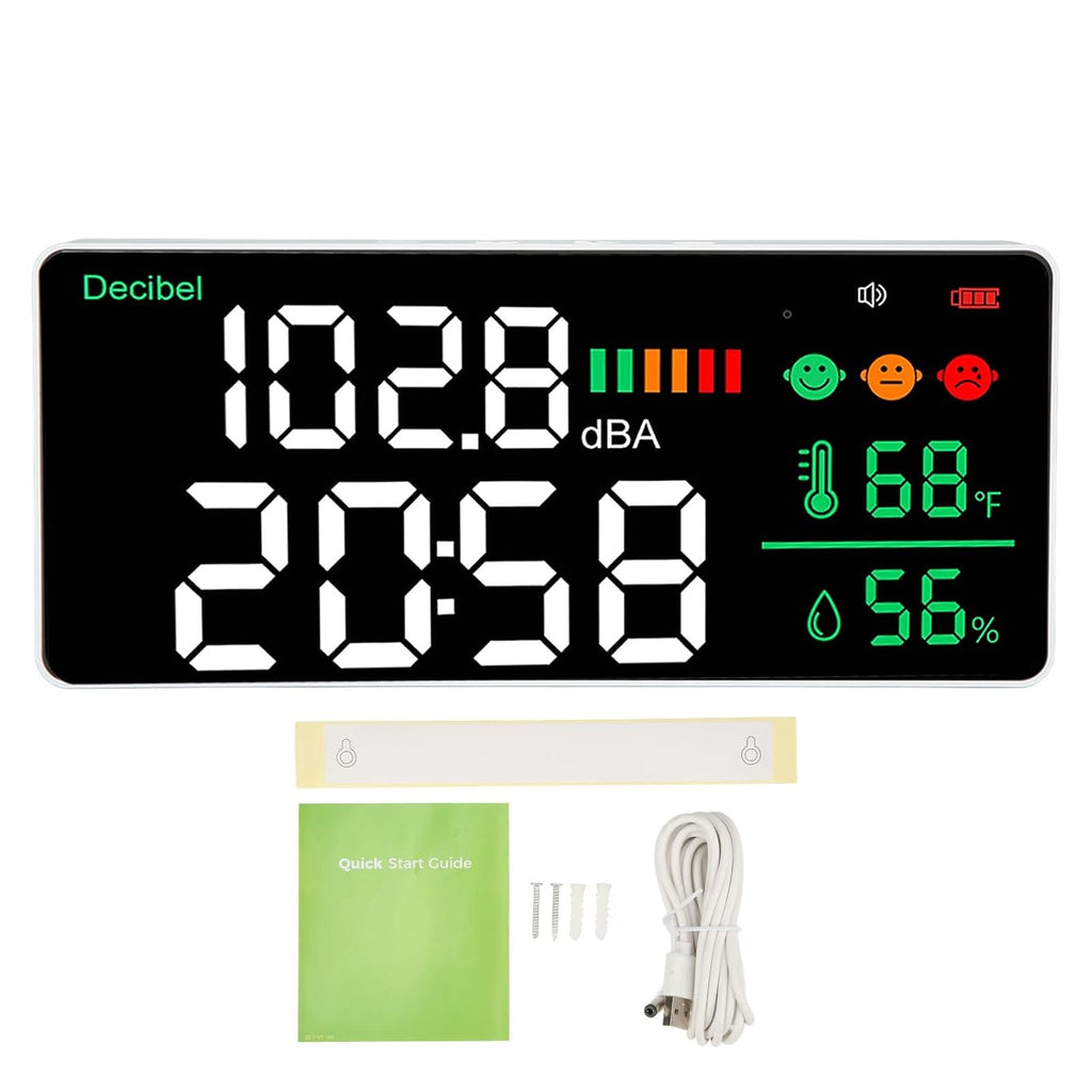 Decibel Meter Sound Level Reader, 11 Inch LED Display with Time Temperature Humidity, 30-130db Range - Sensor, Adjustable Brightness, USB Rechargeable for Home of