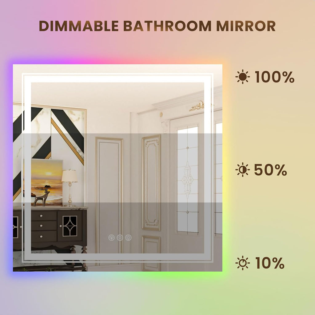 WTTY RGB LED Bathroom Mirror 36"x36" with Backlit and 3 Front Light,Stepless Dimmable LED Mirror for Bathroom,Lighted Bathroom Vanity Mirror for Wall,Anti-Fog,Memory Function,Shatter-Proof