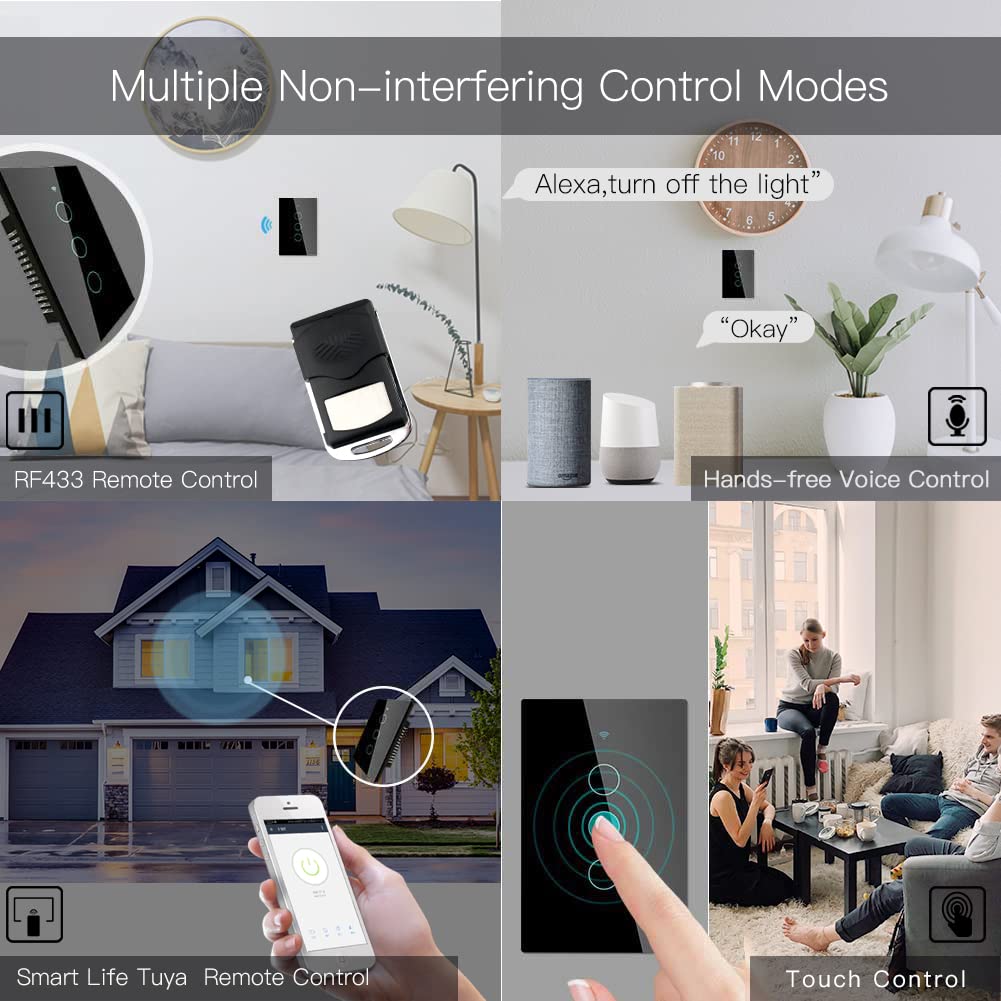 MOES 2.4GHz WiFi Wall Touch Smart Switch Neutral Wire Required, 3 Way Multi-Control, Glass Panel Light Switch Work with Smart Life/Tuya App, RF433 Remote Control, Alexa and Google Home Black 3 Gang