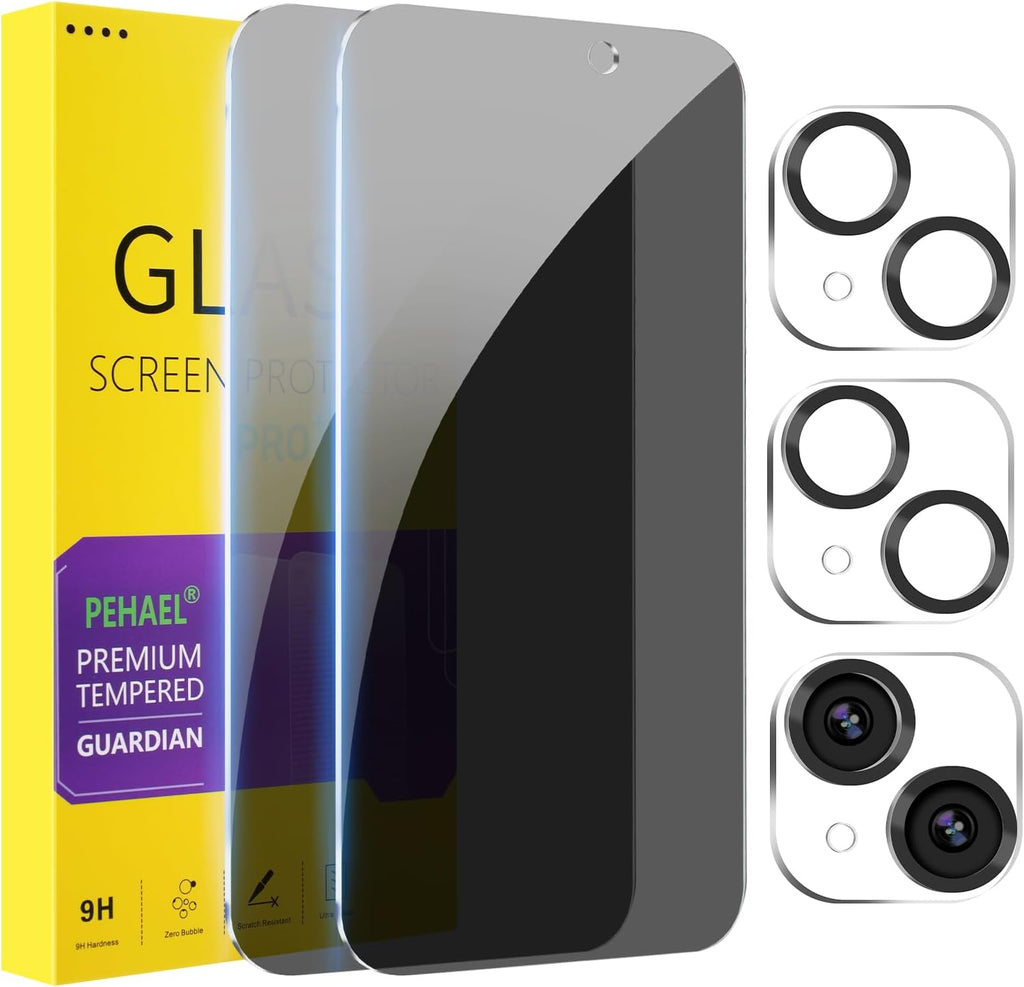 PEHAEL 2+2Pack for iPhone 15 Plus Privacy Screen Protector with Camera Lens Protector Full Coverage Anti-Spy Tempered Glass Film 9H Hardness Easy Installation Bubble Free [6.7 inch]