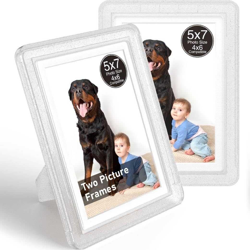 Crystal 5x7 Picture Frame with Acrylic Front 2 Pack, ABS Frame for 5x7 or 4x7 Photos, Shatterproof UV-Resistant Tabletop Photo Frame, Vertical/Horizontal Display for Home Décor