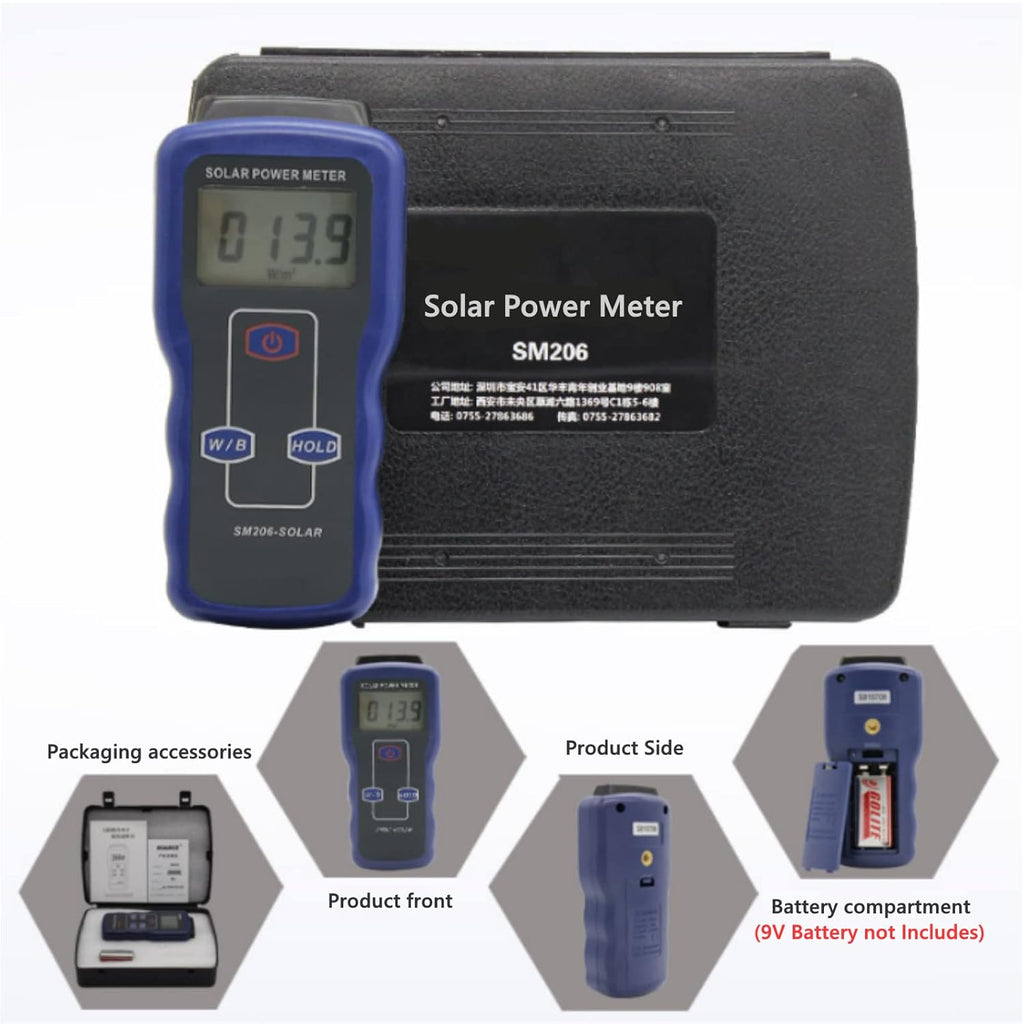 Digital Solar Power Meter, Sun Light Energy Measuring Tester for Testing Car Window Performance, Handheld Portable Sunlight Intensity Meter, W/m2 Meter
