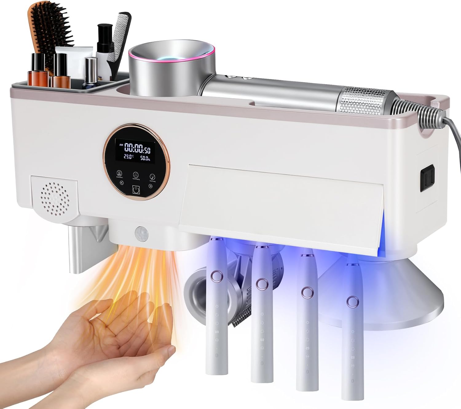 Toothbrush Holder Cleaner, Smart Automatic Toothbrush & White Hair Dryer Holder, Sensor Light, Touch Screen Timer, Bathroom Wall Accessories Organizer