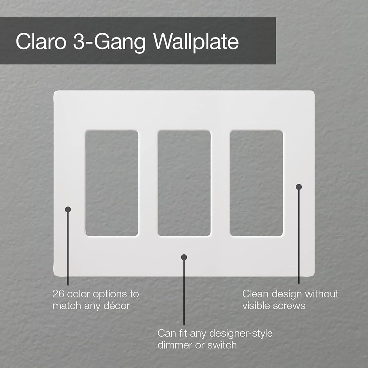 Lutron Claro Light Switch Cover Plate, 3 Gang Wallplate, for Decorator Light Switches, Rocker Light Switch Cover, Outlet Cover, Screwless Switch Plate Cover, Gloss, CW-3-WH-3, White, 3 Pack