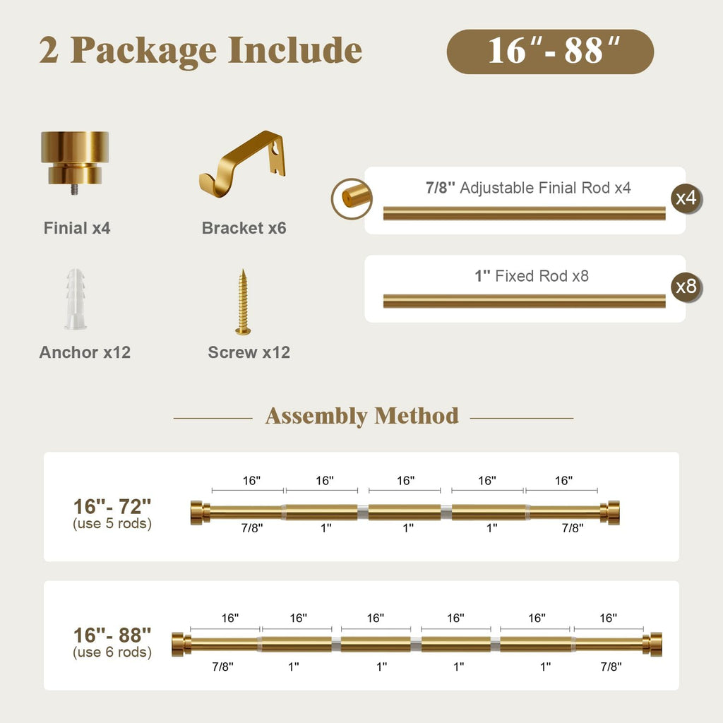 Oneach 2-Pack Heavy Duty Curtain Rods for Windows 48 to 84 Inch, 1 Inch Pole Adjustable Curtain Rod Set with Easy Installation and Modern Design (Brass Gold, 16 to 88 Inch)