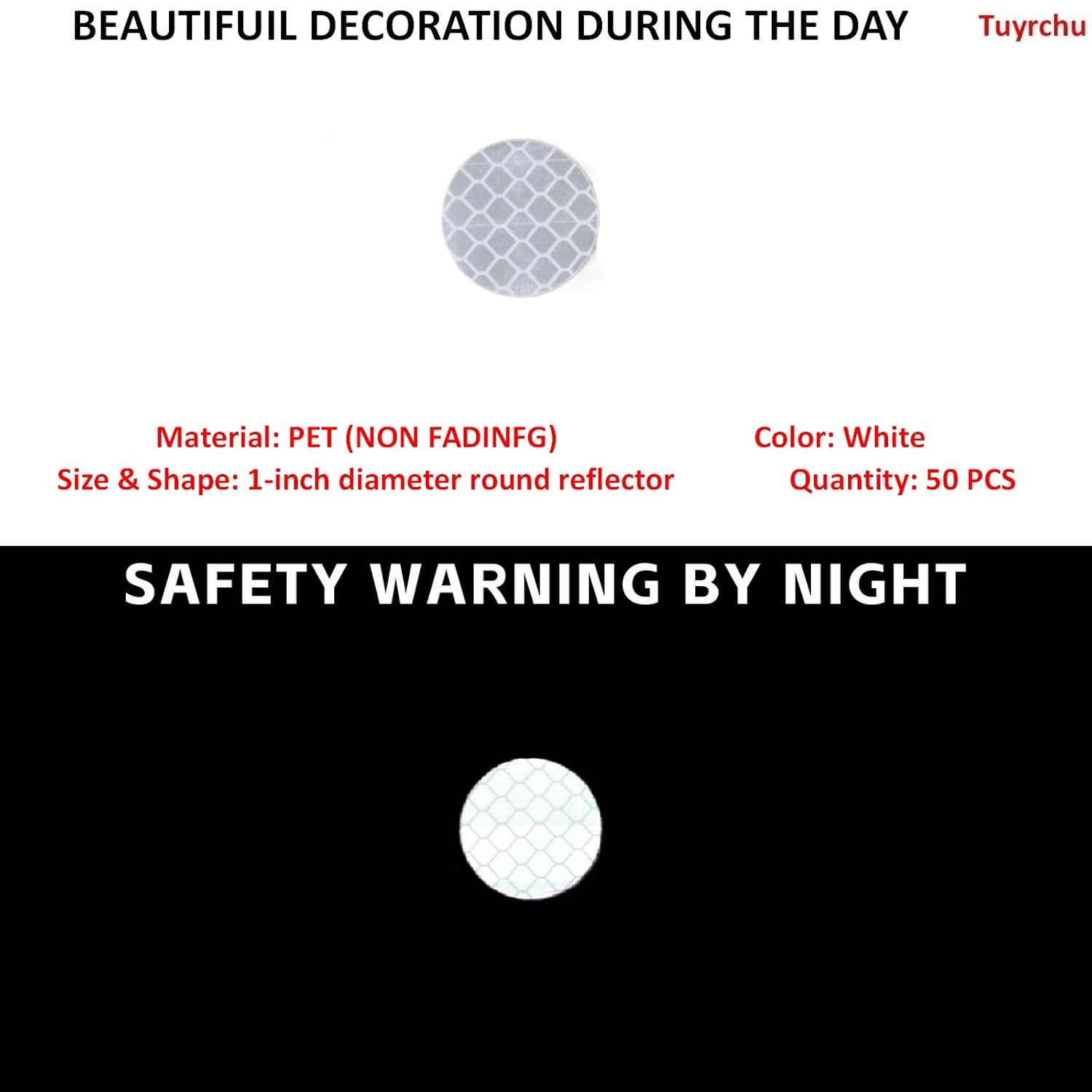 Non Fading White Reflective Stickers 1-inch Diameter Round Reflector, Outdoor Waterproof High Visibility Warning Adhesive Tape (50 Pcs)