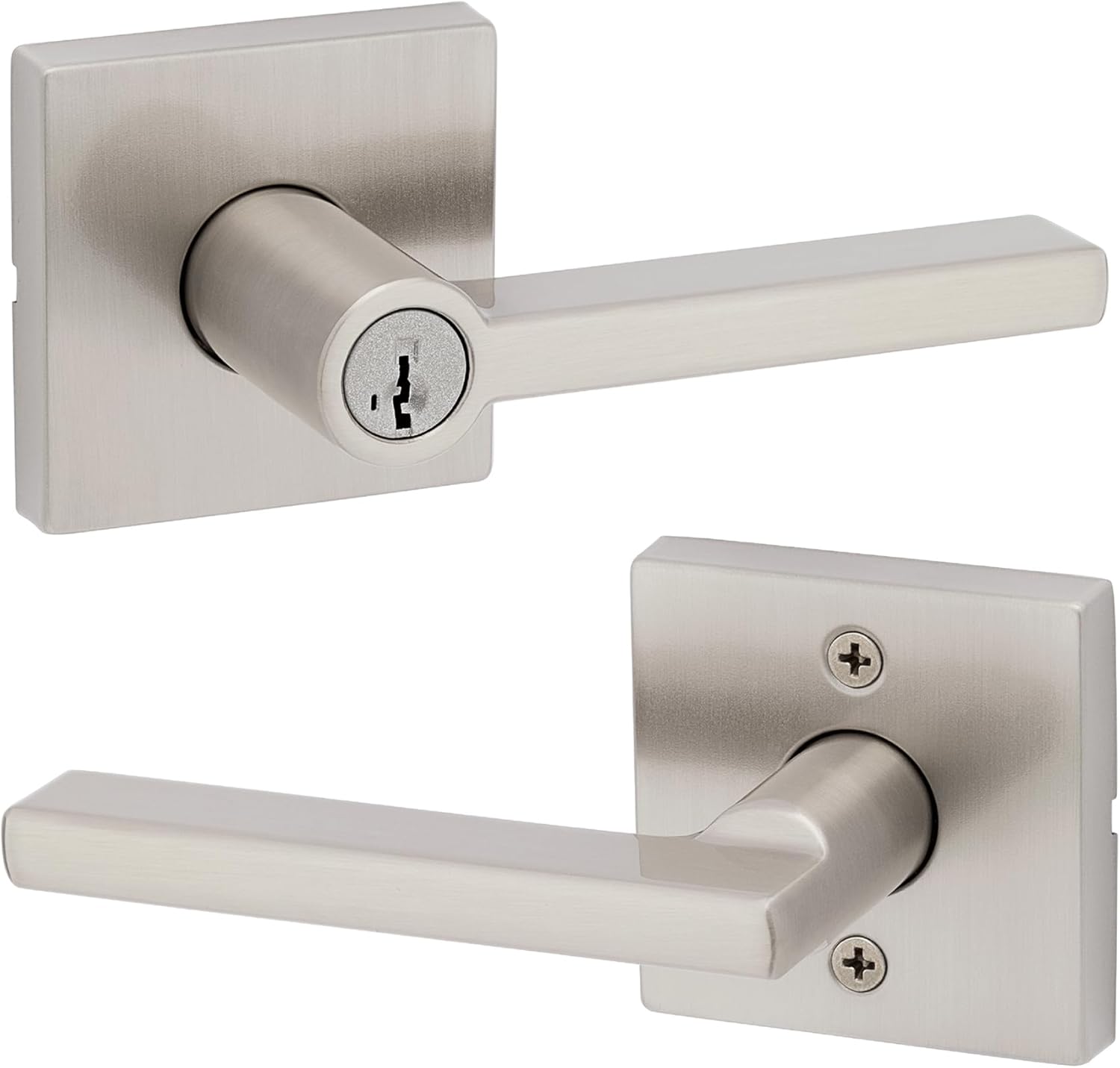 Kwikset Halifax Keyed Storeroom Entry Door Handle with Lock and Key, Secure Keyed Reversible Lever Exterior, Front Entrance and Bedrooms, Satin Nickel, Pick Resistant SMT Rekey Security and Microban