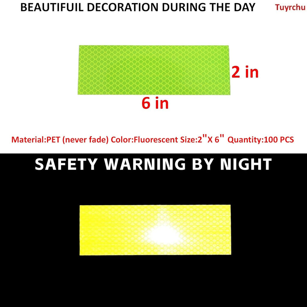 Non Fading Fluorescent Yellow Reflective Stickers 2 inch X 6 inch, Outdoor Waterproof High Visibility Safety Adhesive Reflector (100 Pcs)
