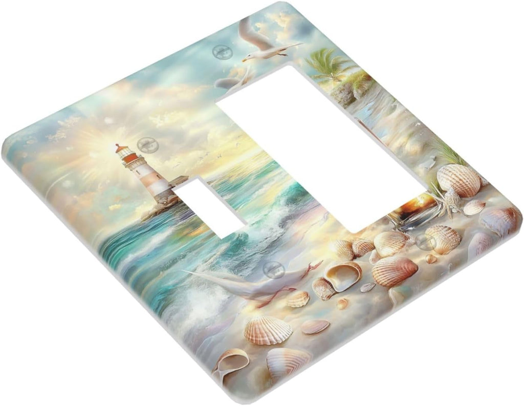 Outlet Covers Beach Ocean Lighthouse Seashells 1 Toggle 1 Rocker Combination Decorative Wall Plate Electrical Switch Plates Light Switch Cover Plate For Bed Room Living Room Decor