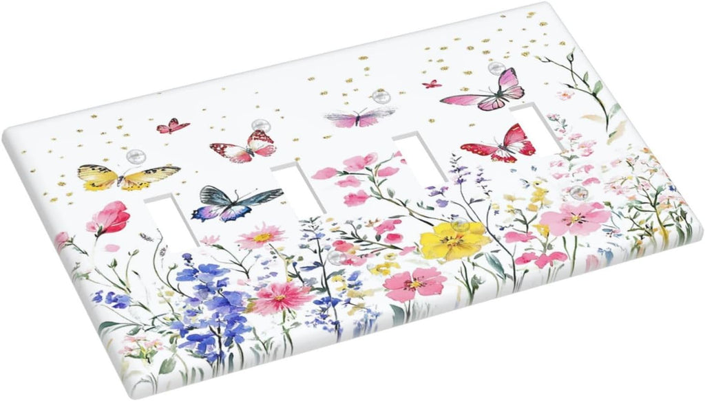 Light Switch Covers Watercolor Floral Butterfly Colorful Wildflower Quad Toggle Electrical Faceplate 4 Gang Wall Plate Decorative Switch Plates For Bed Room Living Room Decor