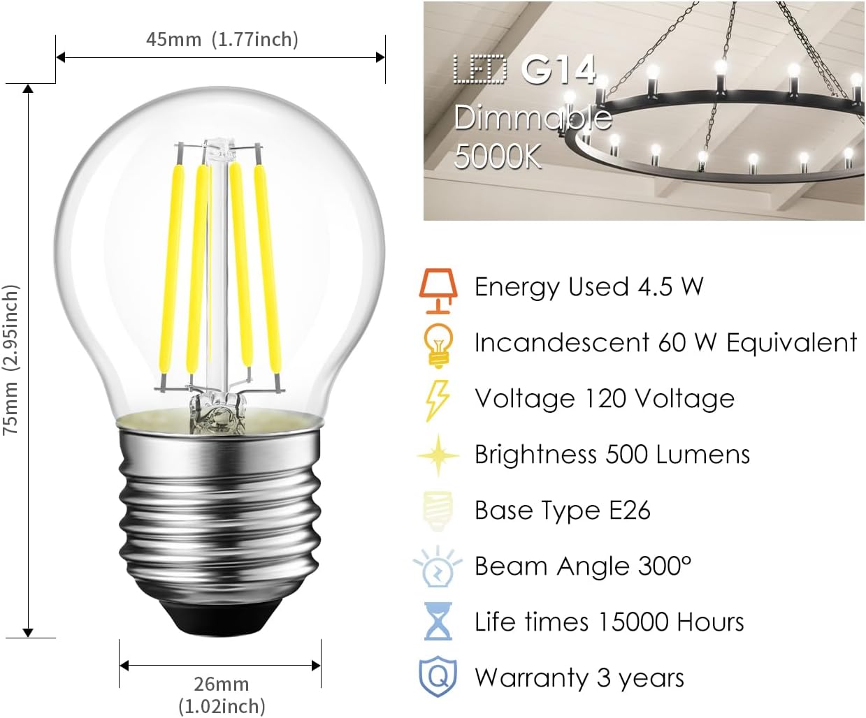 LVWIT LED G45 Edison Bulbs, 5000K Daylight Dimmable LED Filament E26 Clear Glass Globe Light Bulbs 500 Lumens Base 4.5 W Incandescent 60 W Equivalent for Ceiling Fan Chandelier Lighting, Pack of 6