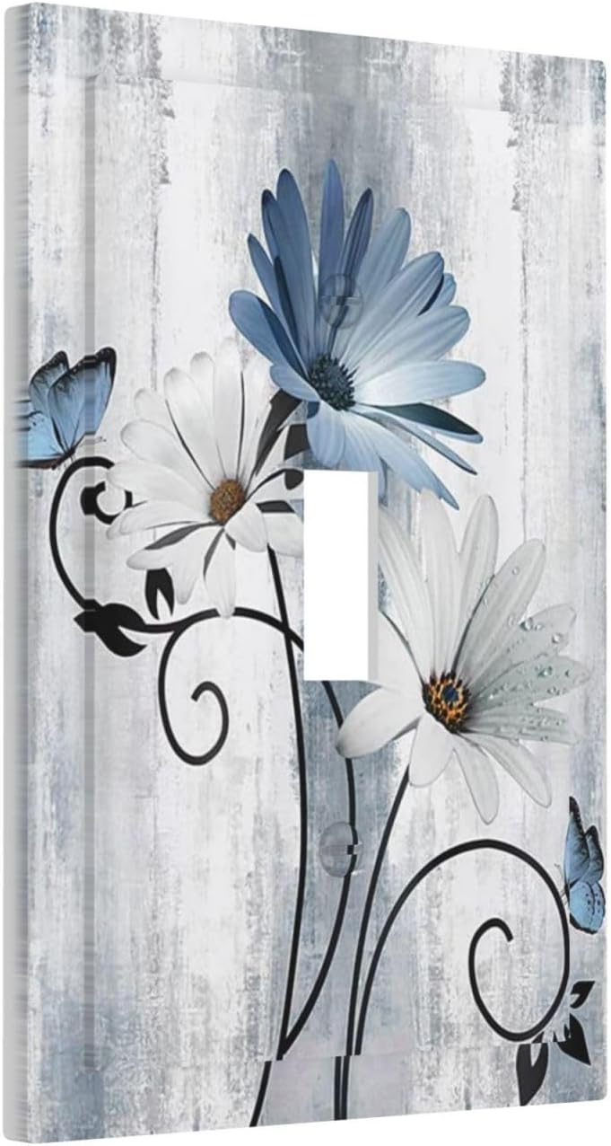 Decorative Light Switch Cover Plate Rustic Blue White Daisy Ink Flower 1 Gang Single Toggle Wall Plates for Electrical Outlets Outlet Covers Switch Plate Covers for Bedroom Home Decor