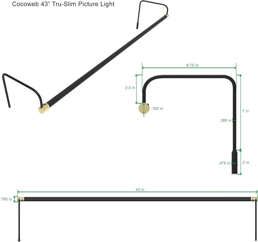 Cocoweb 43 Inch Tru-Slim Black and Brass Picture Light - LED, 2700K, Adjustable Arm, Plug-in, Toggle Switch, Sleek and Compact Design