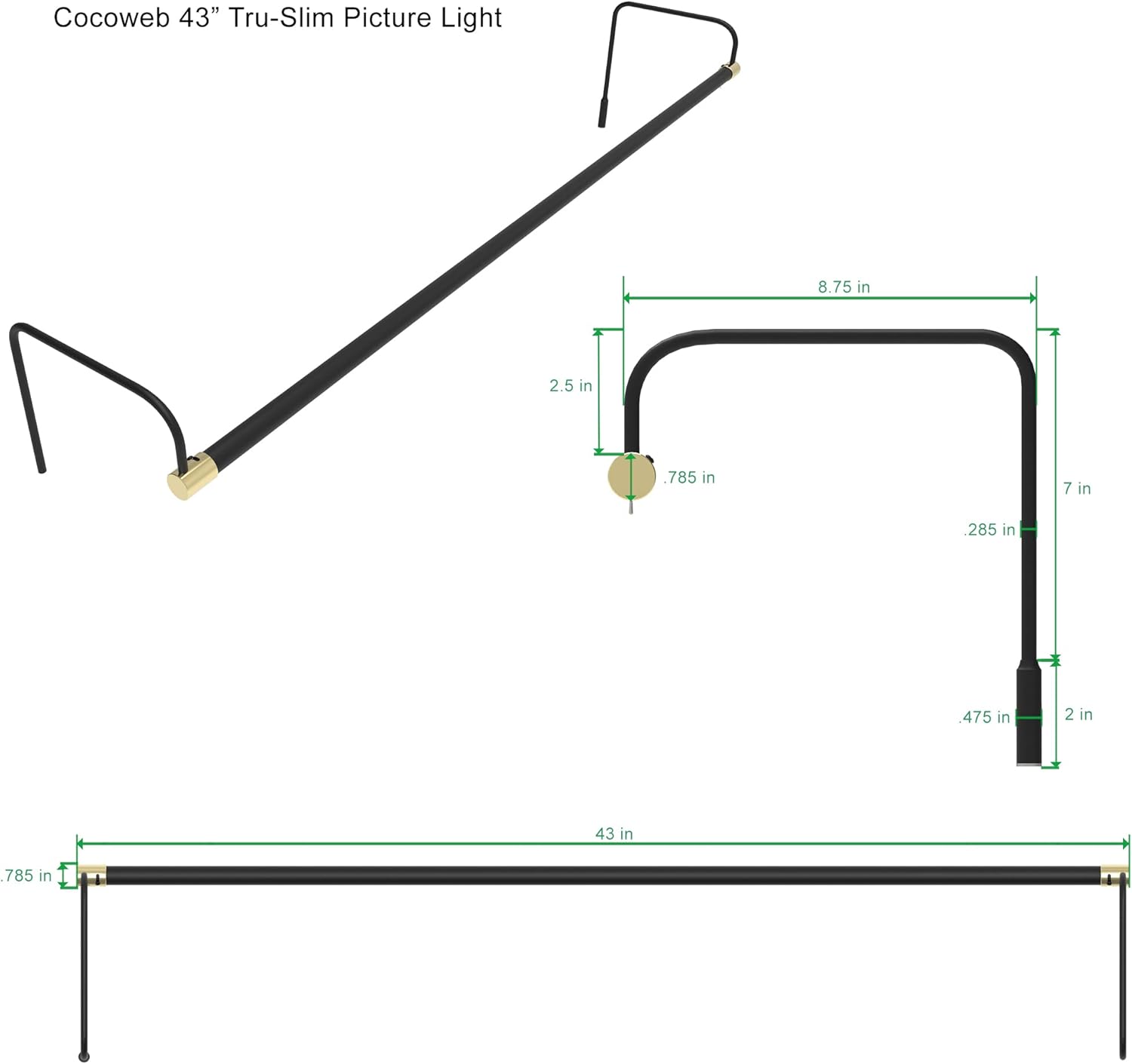 Cocoweb 43 Inch Tru-Slim Black and Brass Picture Light - LED, 2700K, Adjustable Arm, Plug-in, Toggle Switch, Sleek and Compact Design