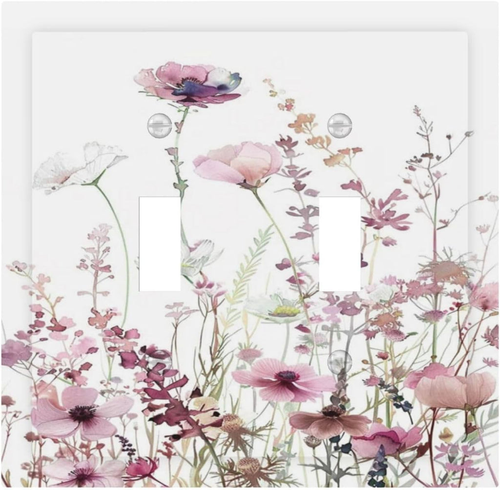 Floral Pink Watercolor Wildflowers Plant Flower Decorative Switch Plates 2 Gang Double Toggle Outlet Light Switch Cover Wall Plate Electrical Faceplate for Bedroom Living Room Decor