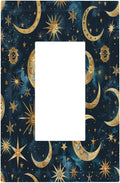 Decorative Outlet Covers Modern Abstract Sky Blue Gold Moon Sun Star 1 Gang Single Rocker Light Switch Cover Plate Wall Plates GFCI Faceplate for Bedroom Kids room Decor