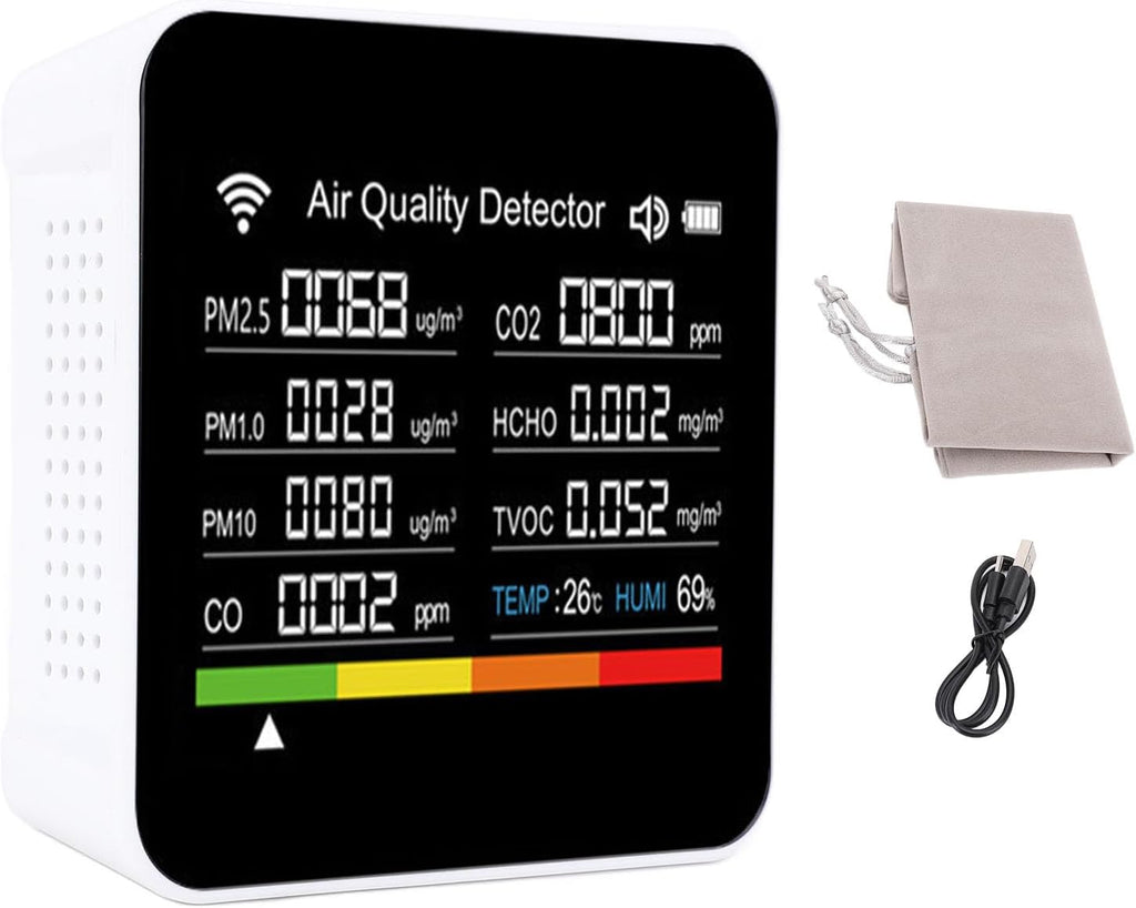 GLOGLOW Smart Air Quality Detector, 14 in 1 Indoor Air Monitor with PM2.5 VOCs Temperature Humidity Sensor, WiFi APP Real Time Data Alert for Home Office Travel