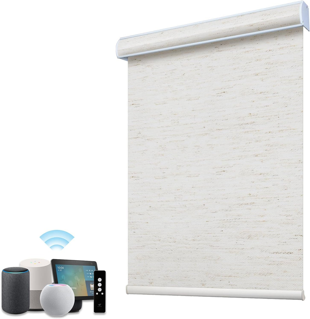 SmartWings Motorized Roller Shades Work with Homekit, Alexa Google, 100% Blackout Smart Blinds for Windows, Cordless Remote Control Window Shades, Linen White, Customized Size