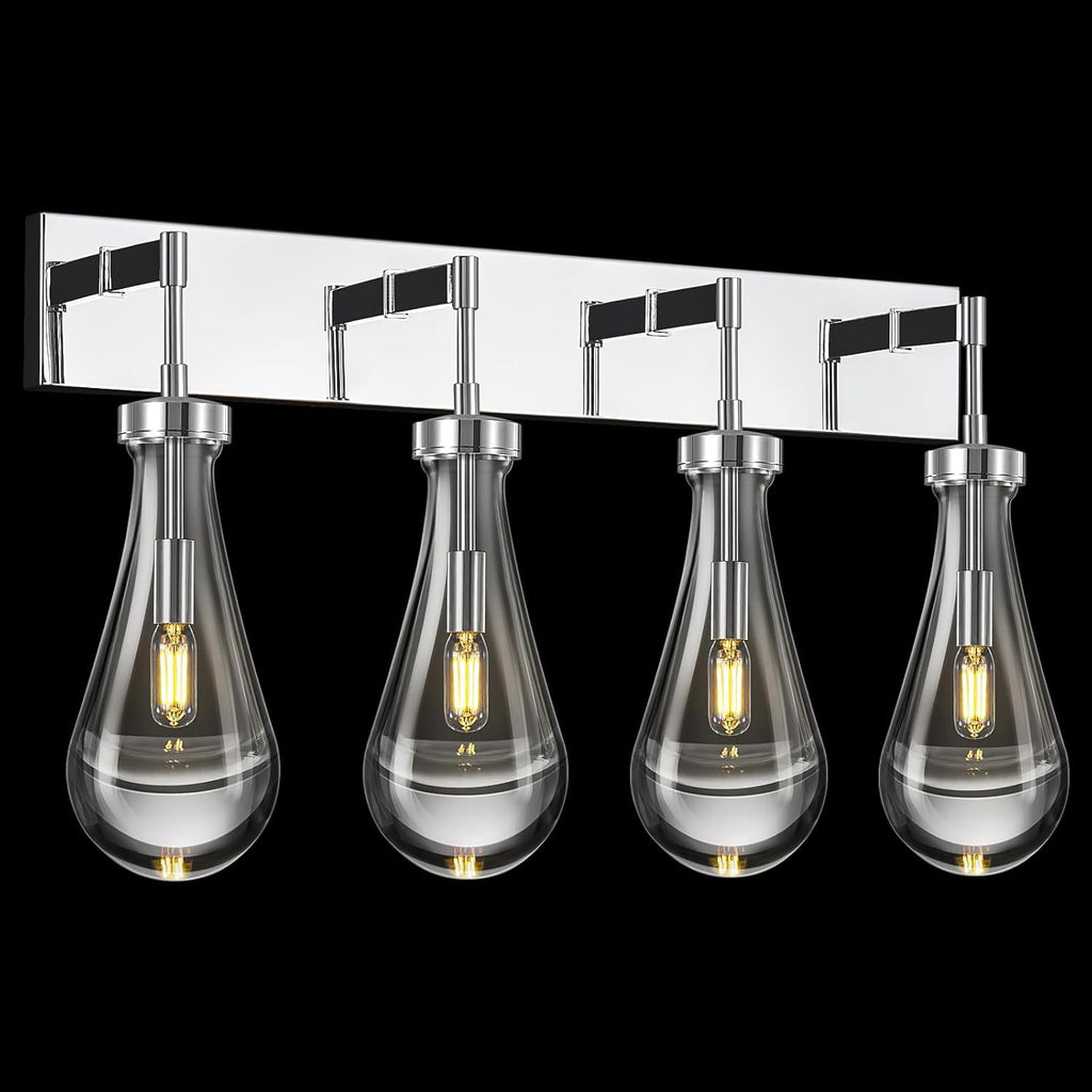 Raindrop Wall Sconces Chrome Crystal Sconces Wall Decor Modern Lighting Glass Bathroom Sconces Indoor Vanity Light Wall Lamp for Bedroom Living Room Stair(4-Light)