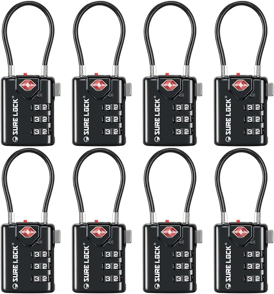 SURE LOCK TSA Compatible Travel Luggage Locks, Inspection Indicator, Easy Read Dials TSA Approved with Zinc Alloy (1, Black 8 Pack)