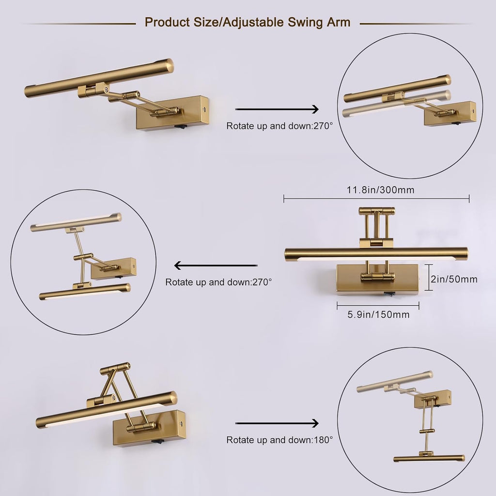 Battery Operated Picture Light with Remote,Wireless Gallery Lights Brass 12in Rechargeable Display Light with Flexible Swing Arm,Dimmable Wall Sconce for Artwork on Wall