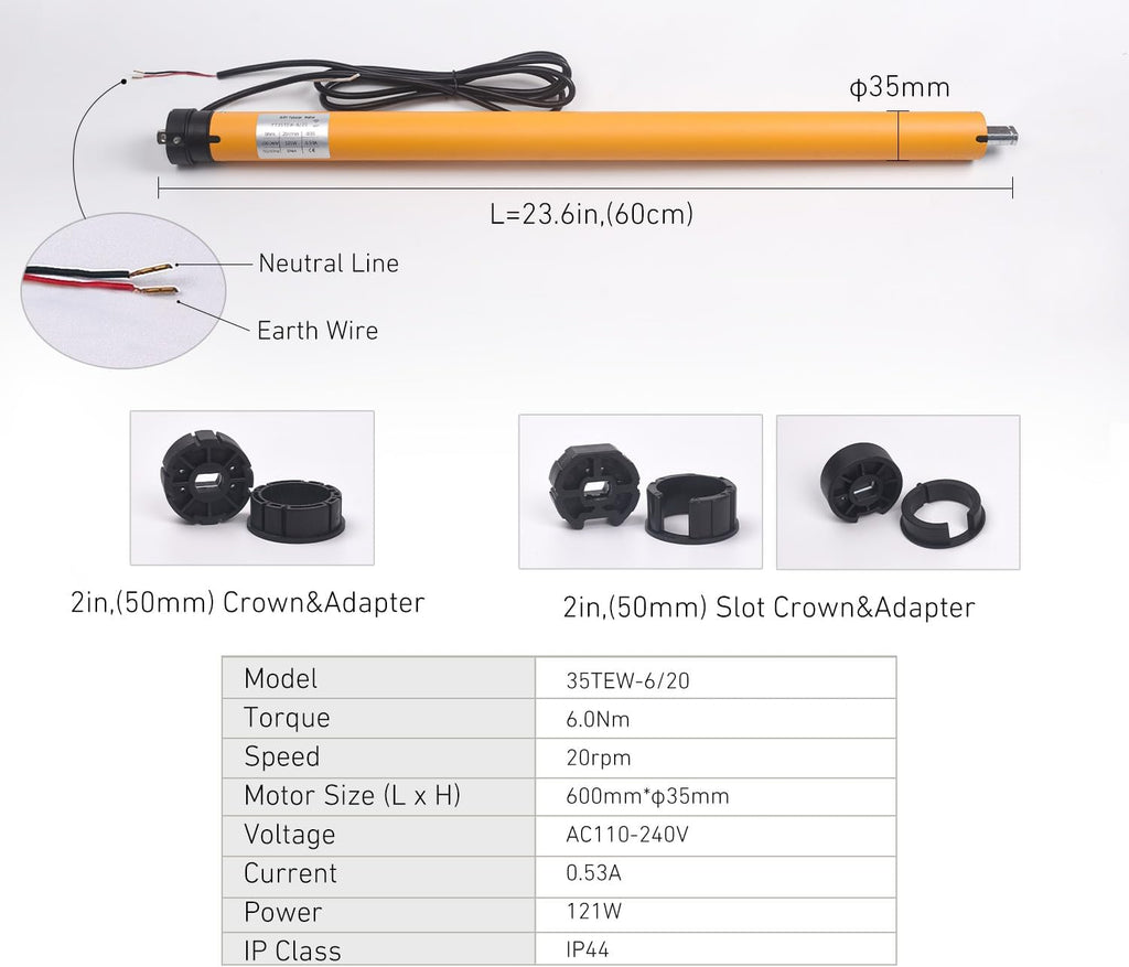 110V/120V Tuya WiFi 35mm Roller Blinds Motor Wired, 6N 20rpm, Smart Google Alexa APP Electric Remote Control Motorized Roller Blinds