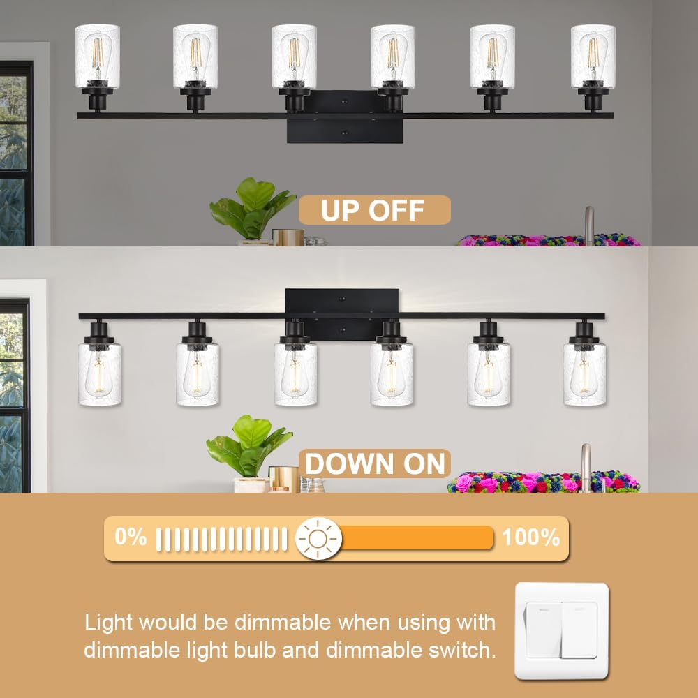 6-Light Seeded Glass Vanity Light Fixtures in Matte Black Finish, 45.3 Inches Length Modern Bathroom Wall Lighting Over Mirror Wall Mount Lights