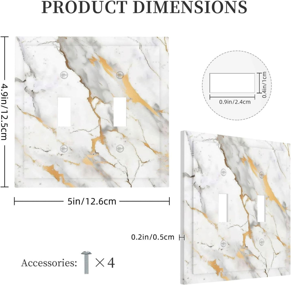Decorative Switch Plates Marbling Style White Background Gold Gray Stripes 2 Gang Double Toggle Outlet Light Switch Cover Wall Plate Electrical Faceplate For Bathroom Kitchen Decor