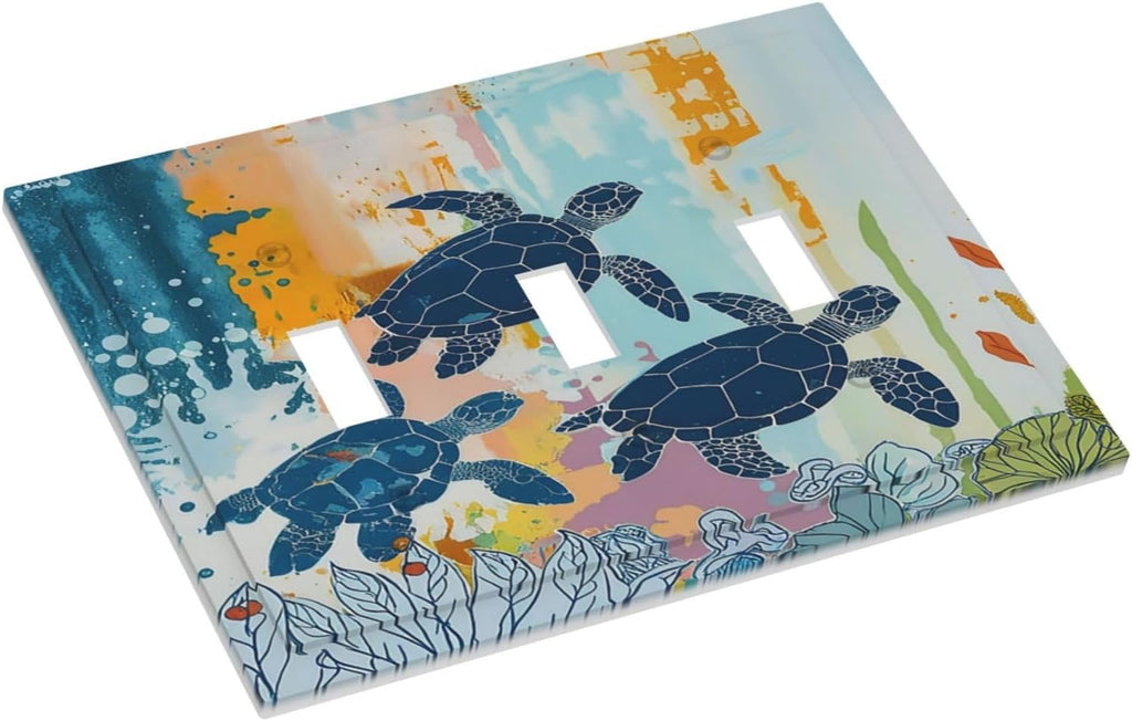 Decorative Switch Plates Colorful Ocean Sea Turtle Marine Life 3 Gang Wall Plate Triple Toggle Light Switch Cover Faceplate Electrical Wall Panels for Kids room Bedroom Decor