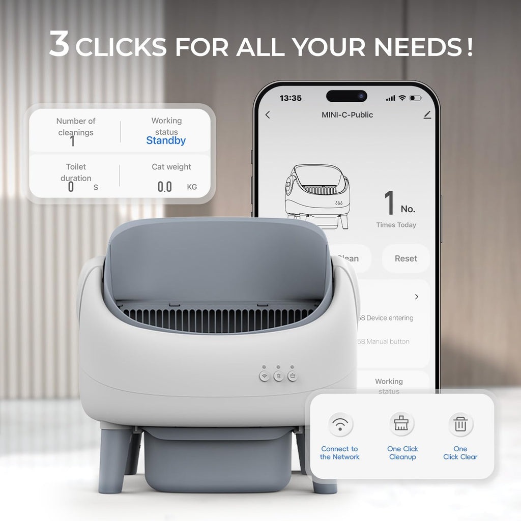 Open-Top Self Cleaning Litter Box, Automatic Cat Litter Box for Multiple Cats, APP Control, Safety Protection, Includes Trash Bags, White/Grey