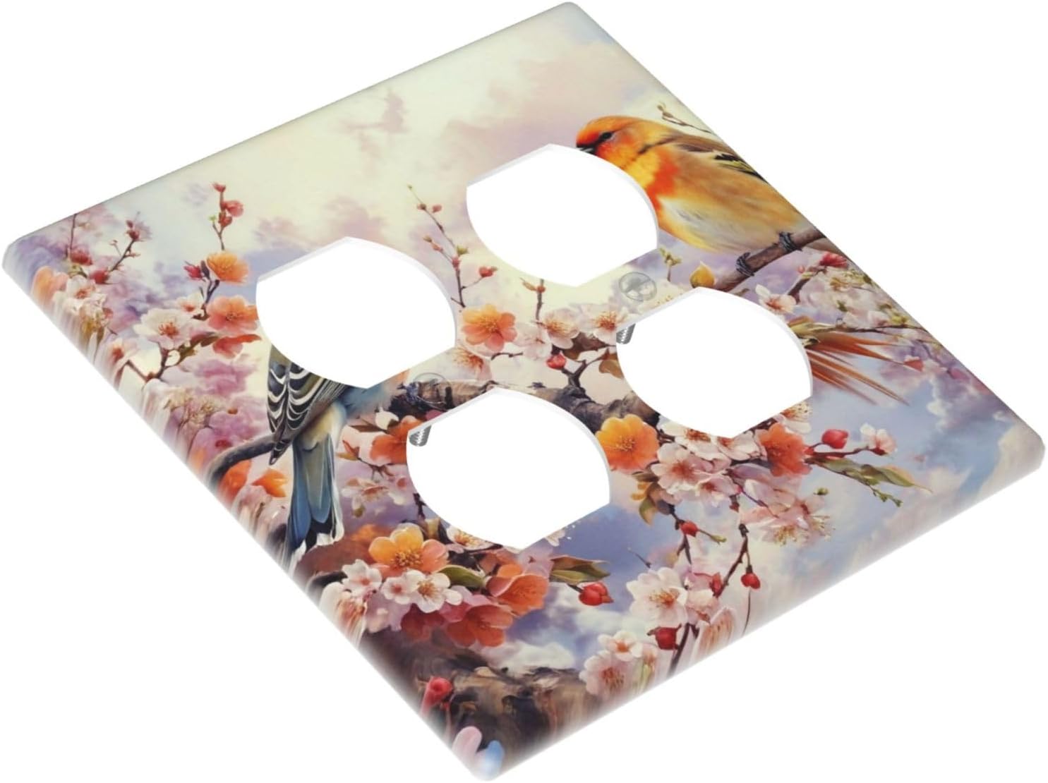 Decorative Outlet Covers Birds Sitting on Tree Branch Pink Flower 2 Gang Wall Plate Double Duplex Light Switch Cover Switch Plate Covers Faceplate for Bedroom Home Decor