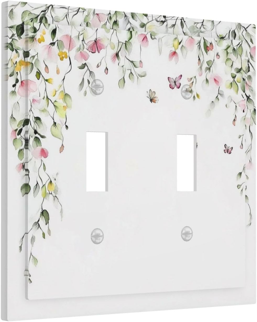 Watercolor Flowers Vine Colorful Butterfly Floral Decorative Switch Plates 2 Gang Double Toggle Outlet Light Switch Cover Wall Plate Electrical Faceplate For Bed Room Living Room Decor
