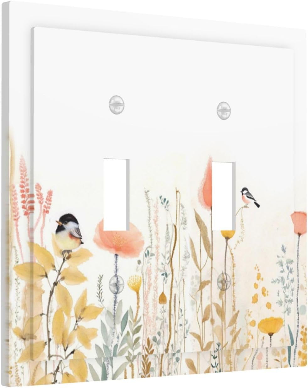 Decorative Switch Plates Colorful Floral Watercolour Cuddly Bird 2 Gang Double Toggle Outlet Light Switch Cover Wall Plate Electrical Faceplate For Bed Room Living Room Decor