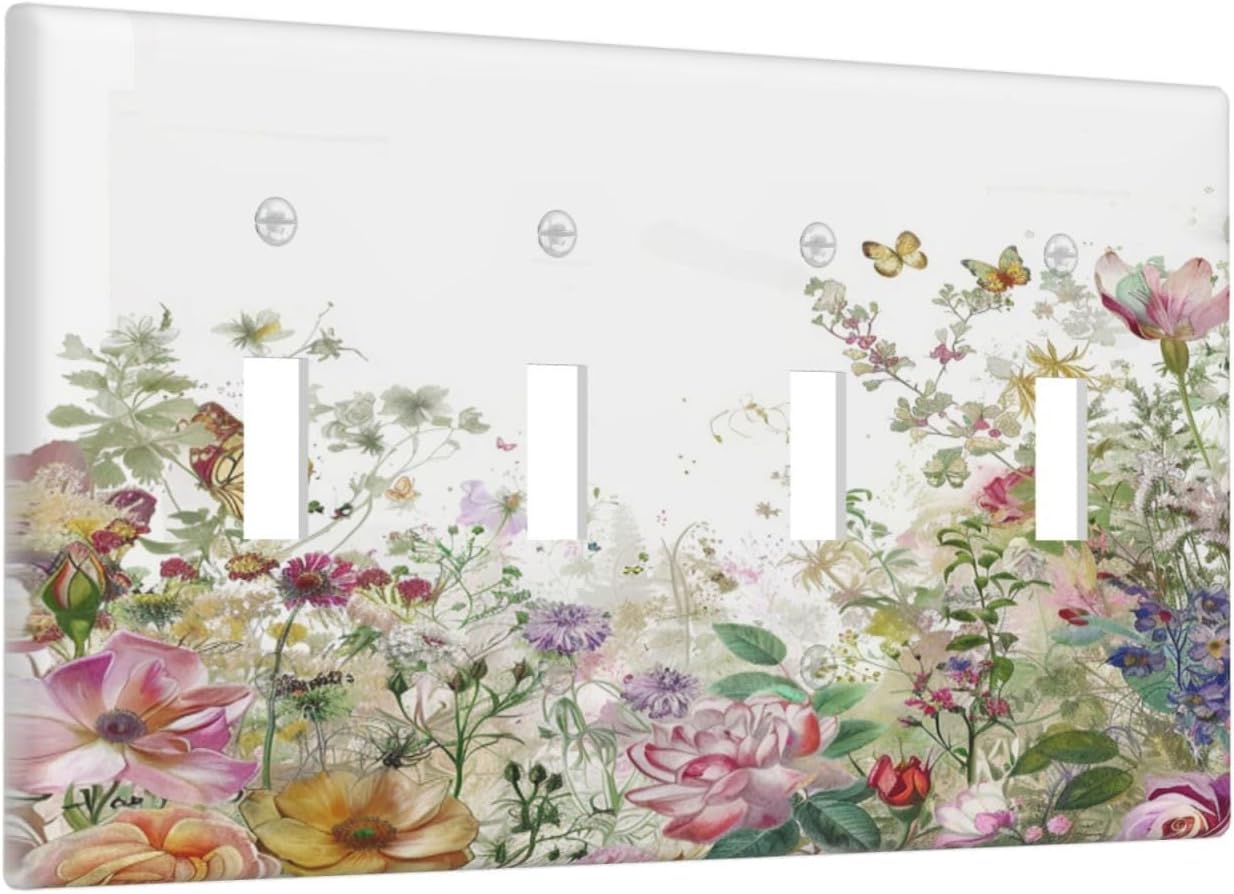 Light Switch Covers Boho Wildflower Colorful Floral Butterfly Quad Toggle Electrical Faceplate 4 Gang Wall Plate Decorative Switch Plates For Bed Room Living Room Decor
