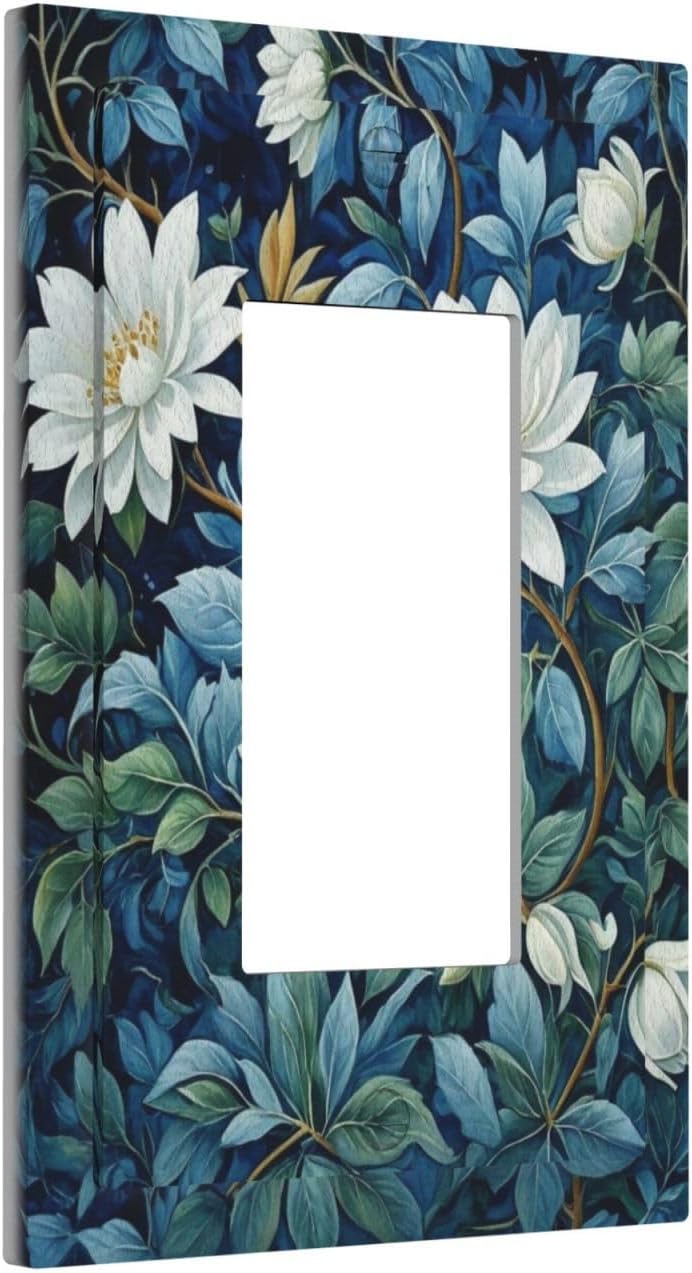 White Flowers Green Leaves Single Decora Outlet Wall Plate 1 Gang Rocker Decorative Switchplate Faceplate GFCI Light Switch Covers for Home Living Decor