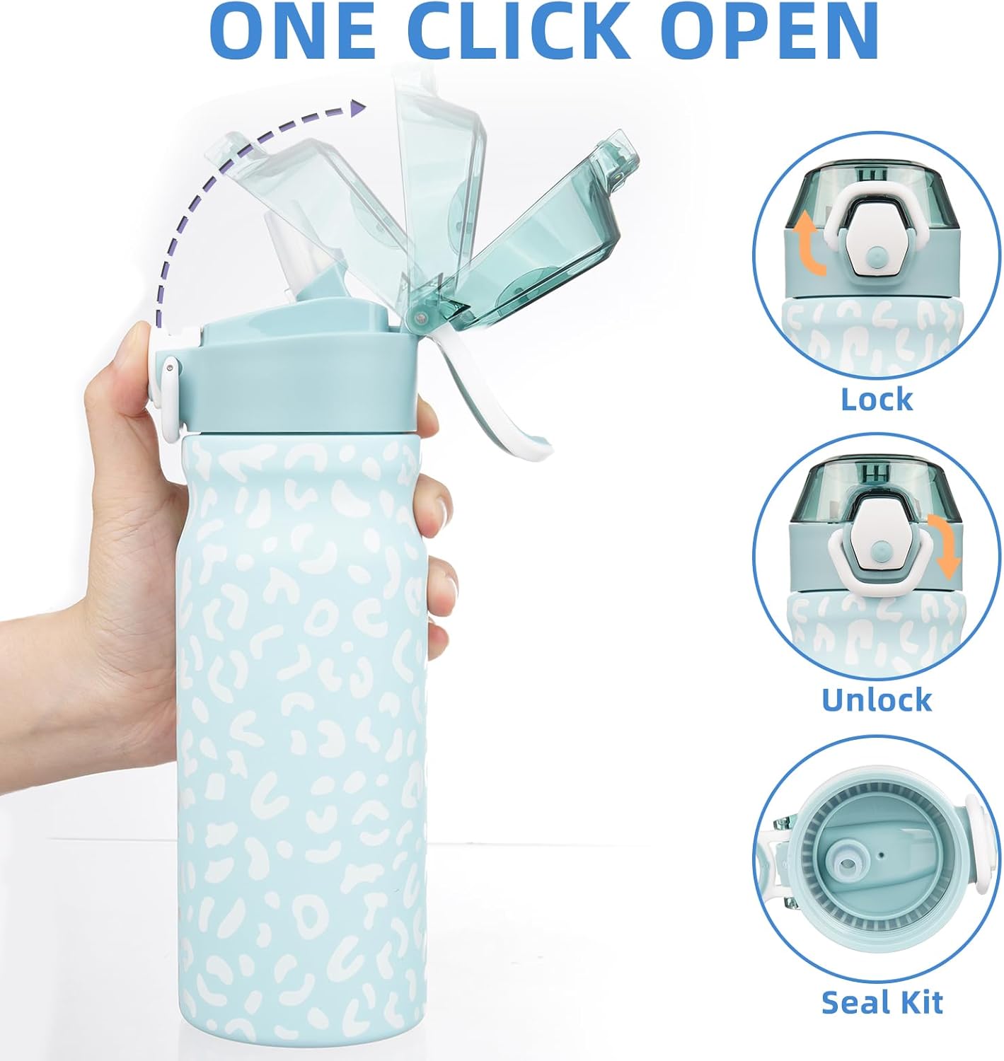 BJPKPK Insulated Water Bottle 18oz Stainless Steel Water Bottles with Straw and Carry Handle Double Wall Metal Thermal Flask,Light Blue Leopard