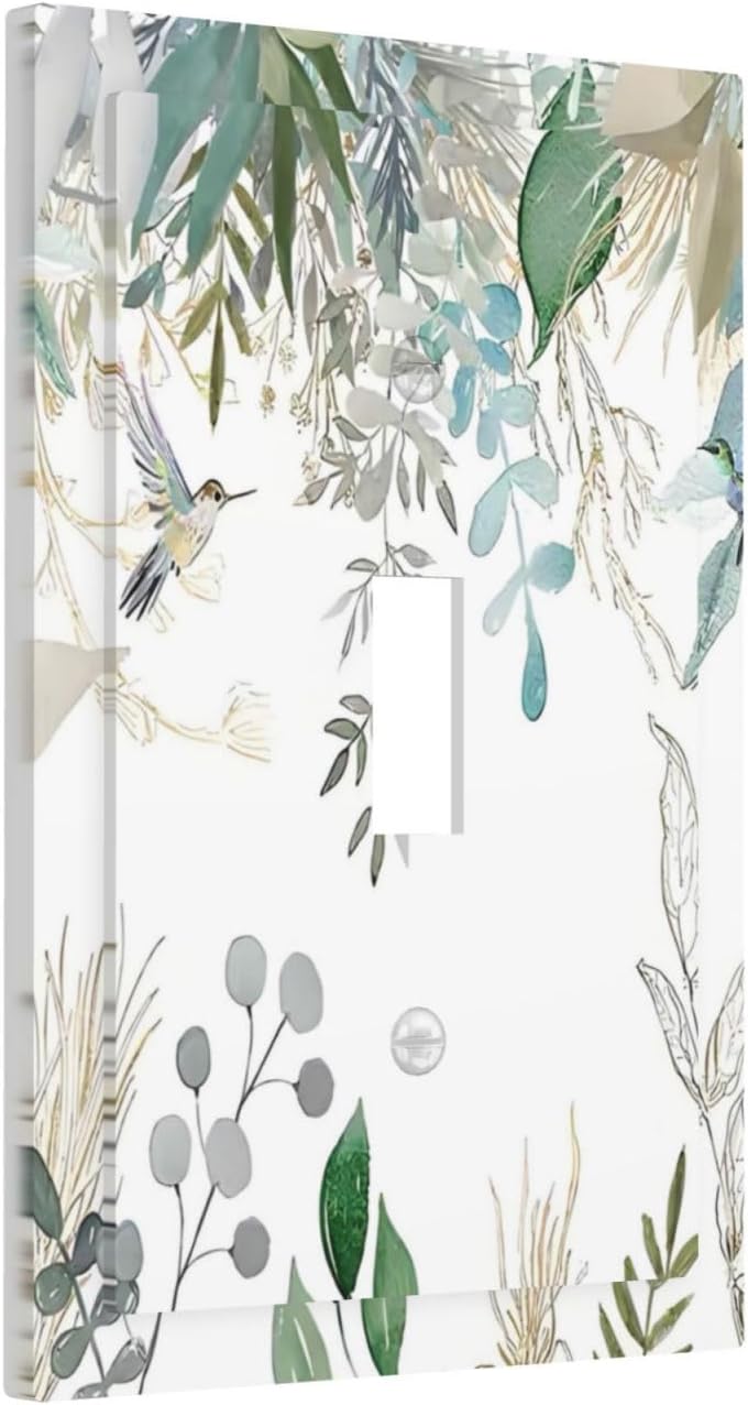 Green Tropical Palm Leaves Flower Plants Hummingbird Decorative Light Switch Cover 1 Gang Single Toggle Device Electrical Faceplate Switchplates Decorator Outlet Wall Plate for Bed Room Living Room