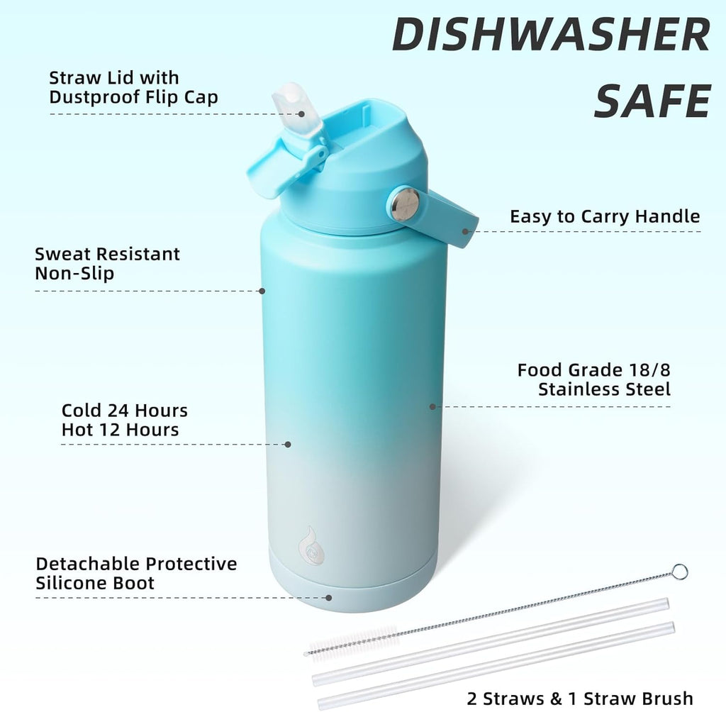BJPKPK Water Bottle with Straw Lid, 32oz Vacuum Insulated Water Bottles, Metal Stainless Steel Thermo for Sports, Travel, BPA Free Leak Proof Thermo, Cups, Flasks, Tumblers,Sea Salt
