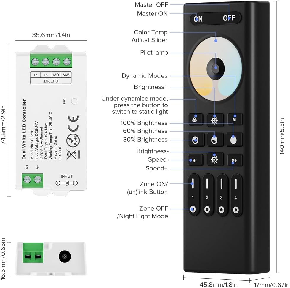 BTF-LIGHTING RF 2.4GHz Wireless Remote RC02RFB &4PCS C02RF Tuya Controller Kit 4 Zone Group Control PWM CCT(+ CW WW) 3pin 5050SMD FCOB COB Dual White LED Strip DC5V DC12V DC24V