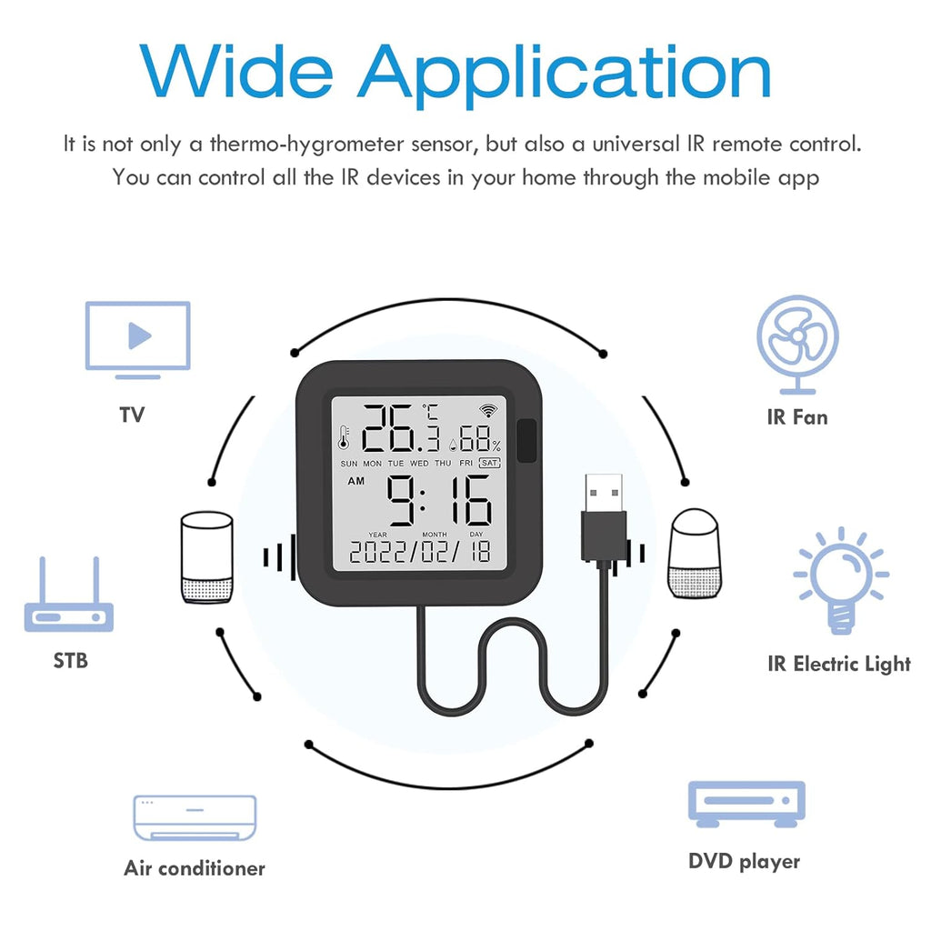 eMylo WiFi Thermometer Hygrometer, Smart IR Remote, Digital Temperature and Humidity Sensor with Backlight, Universal IR Remote Compatible with Alexa and Google Assistant