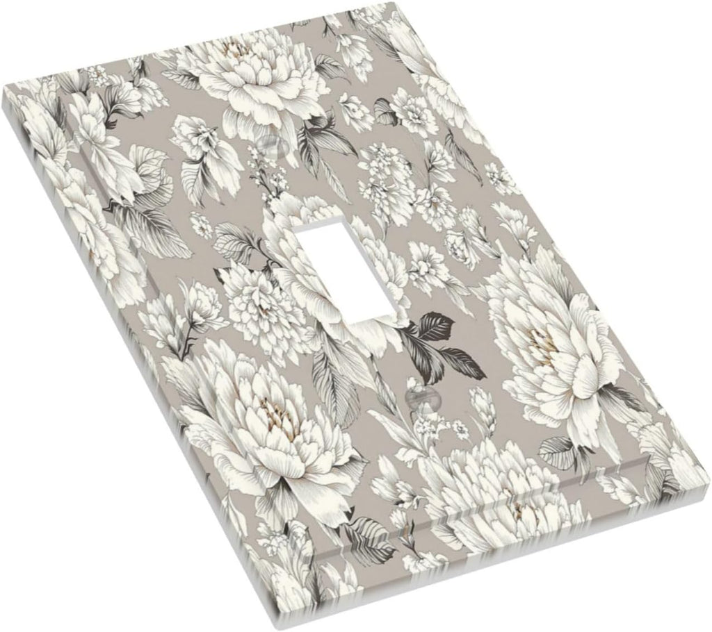 White Poppies Floral Modern Grey Peonies Flowers Decorative Light Switch Cover 1 Gang Single Toggle Decorator Outlet Wall Plate Device Electrical Faceplate Switchplates for Bedroom Bathroom