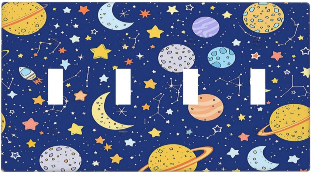 Stars Starry Night Sun Moon Planet Constellations Light Switch Covers Quad Toggle 4 Gang Wall Plate Decorative Switch Plates Electrical Faceplate for Bedroom Bathroom Decor