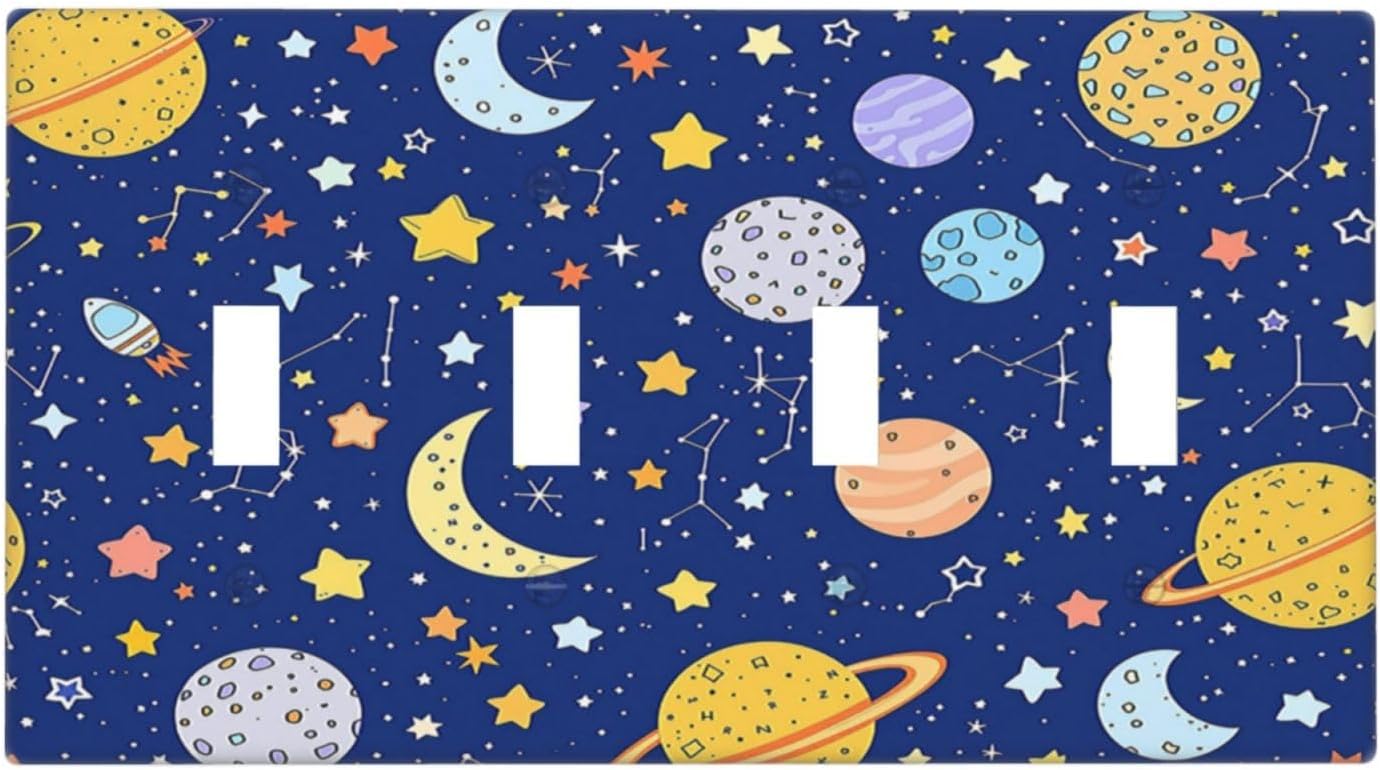 Stars Starry Night Sun Moon Planet Constellations Light Switch Covers Quad Toggle 4 Gang Wall Plate Decorative Switch Plates Electrical Faceplate for Bedroom Bathroom Decor