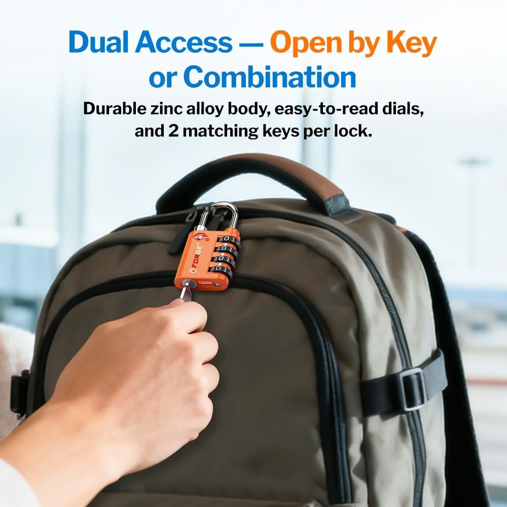 Forge Dual-Opening: Key or Combination Lock, TSA Approved Lock for Luggage, Pelican case, Travel, Gym, School, Luggage Combination Lock, Travel Bag Lock (Orange 2 Pk)