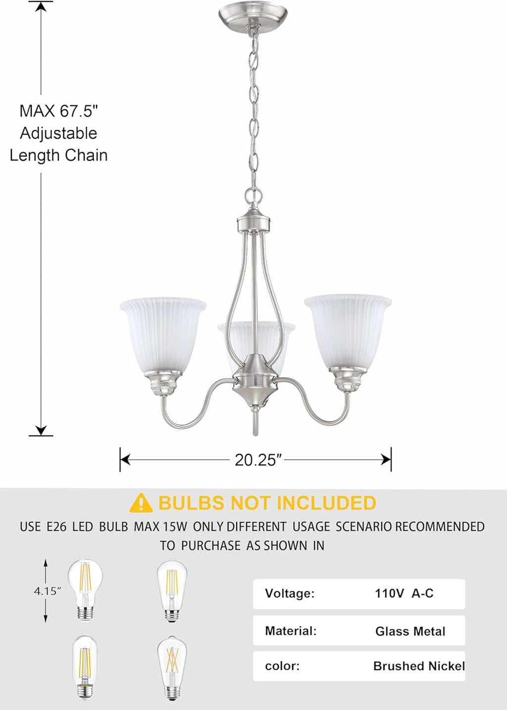 Doraimi Lighting 3 Light Chandelier Stripe Frosted Glass Shade Classic Style Ceiling Pendant Light Fixture Brushed Nickel Finish for Meeting Room Dining Room Over Table Living Room