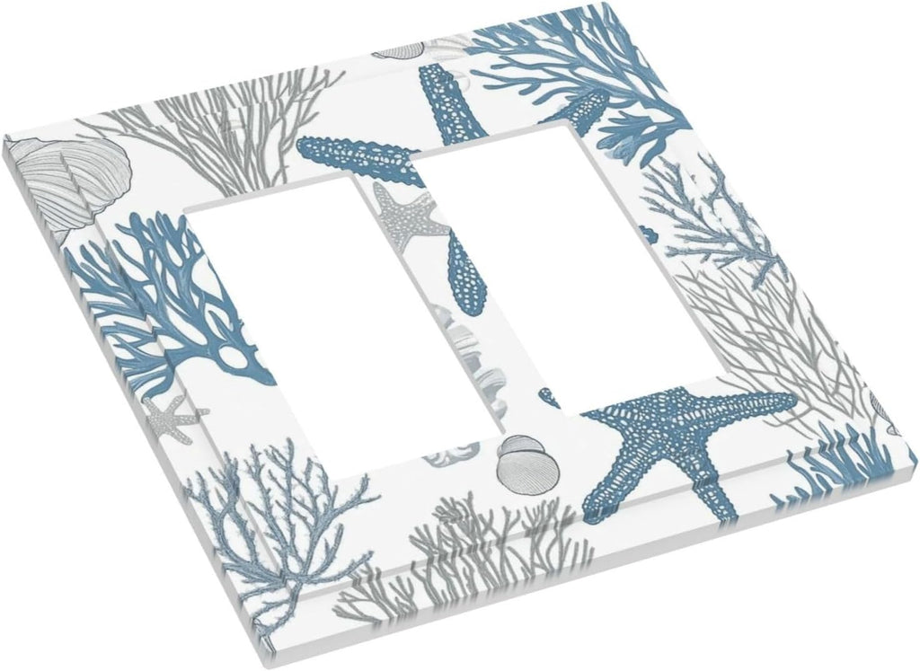 Blue Starfish Nautical Beach Conch Coastal Coral Shell Decorative Outlet Covers 2 Gang Double Gfci Rocker Electrical Wall Panels Light Switch Cover Plate For Kids Room Bathroom Decor