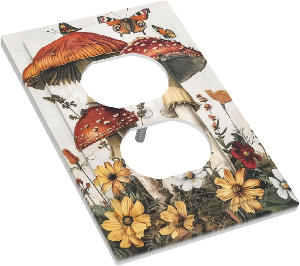 Outlet Covers Mushroom Forest Butterfly Wild Flower 1 Gang Duplex Light Switch Cover Decorative Switch Plates Electrical Receptacle Faceplate Wall Plate For Bed Room Living Room Decor