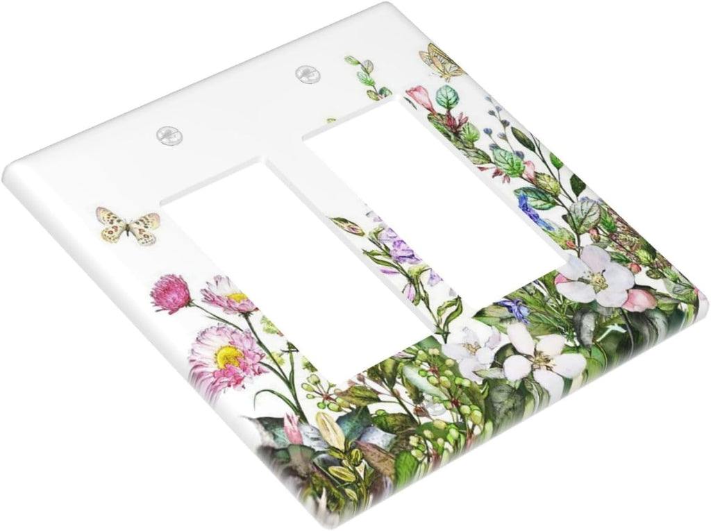 Decorative Outlet Covers Rustic Green Leaf Pink Flowers Butterfly 2 Gang Wall Plate Double Rocker Two Switch Wall Cover Plate Light Switch Cover Plate Faceplate for Country Bedroom Decor