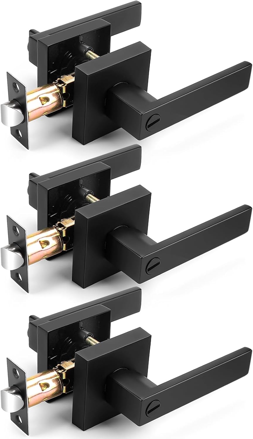 Probrico Interior Black Door Handle, Heavy Duty, Flat Square Privacy Door Handles, Keyless Door Levers Lockset for Bedroom and Bathroom (3 Pack, Modern)
