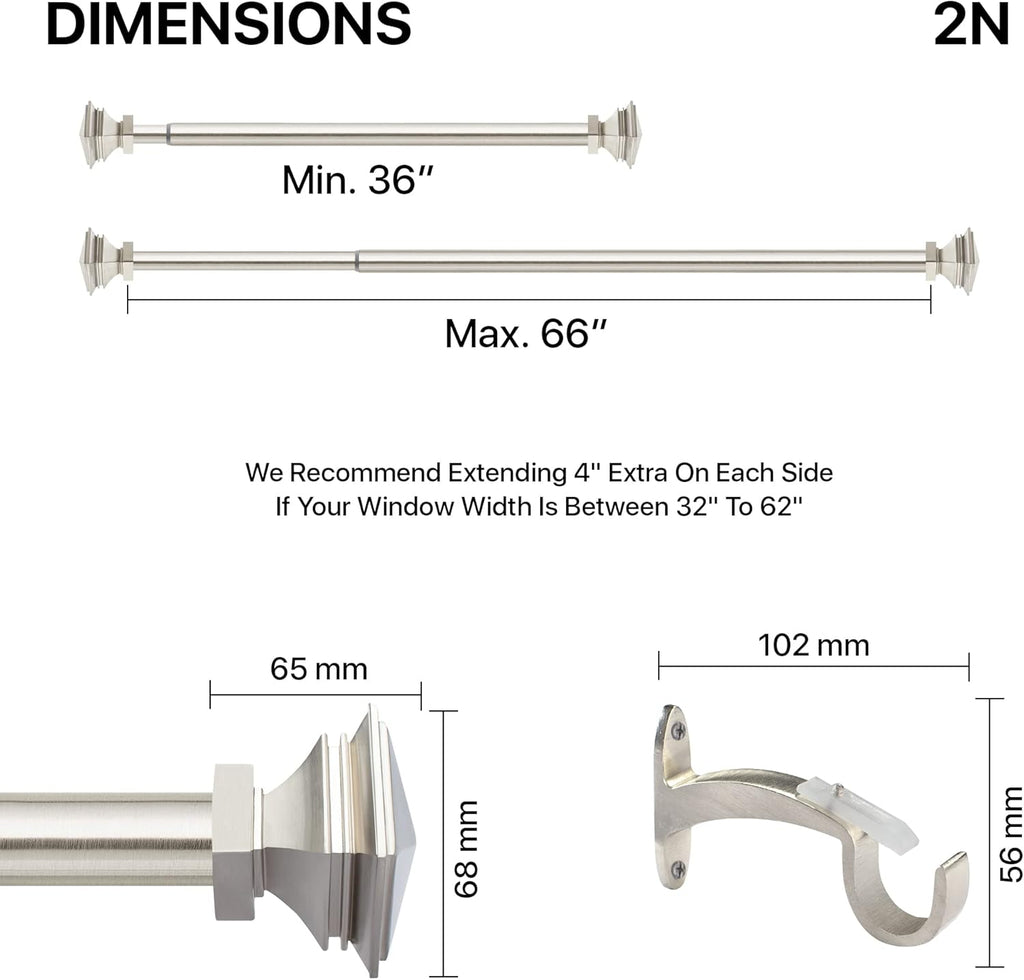 Deco Window 2 Pcs 36"-66" Extendable Curtain Rod for Door & Windows Adjustable Iron Telescopic Drapery Bar with Stacked Square Finials (1" Diameter, Satin Silver)